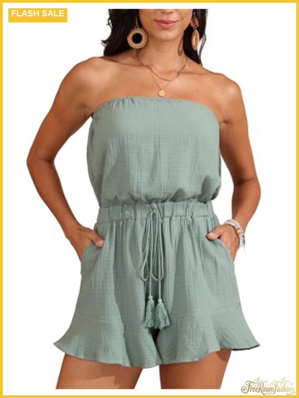 Women's Boho Romper Strapless Jumpsuit Viscose Ruffle Shorts Summer